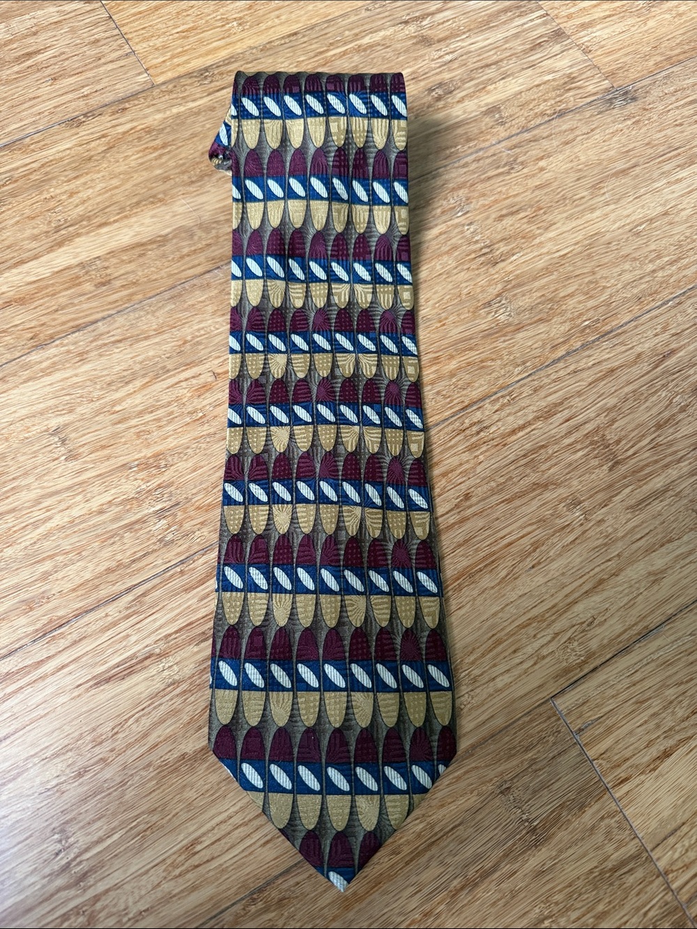 (7t) Louis Roth Handmade 100% Silk Burgundy Blue Gold Geometric Abstract tie